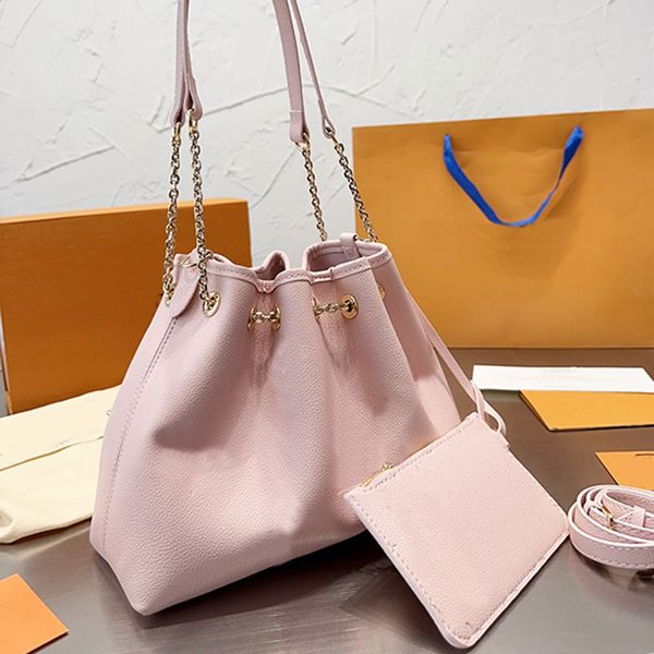 

chain summer bucket bag women shoulder bags genuine leather zipper wallet imprinted letters golden hardware handbags purse 28cm