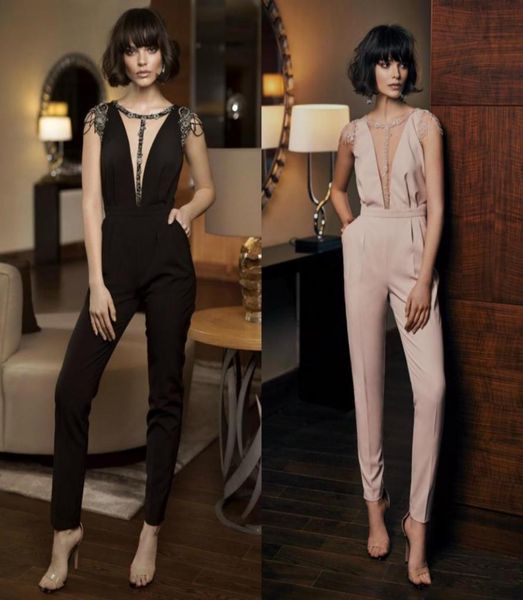 

2019 new beaded evening guest pants mordern illusion runway fashion cap sleeve pant suit ankle length jumpsuits with pockets5046213, Black;red