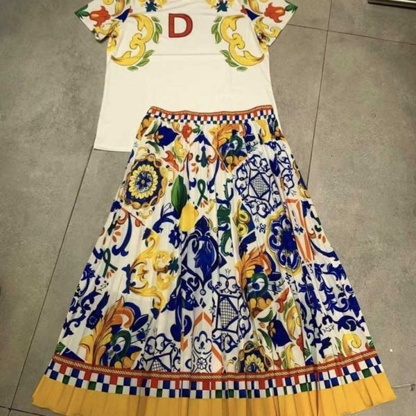 

trendy womens set designer skirt set fashion temperament suit cotton t-shirt mid-length a-line skirt women two-piece, White
