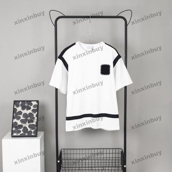 

xinxinbuy men designer tee t shirt 23ss paris ribbon panelled letter embroidery short sleeve cotton women khaki black white xs-xl, Black;brown