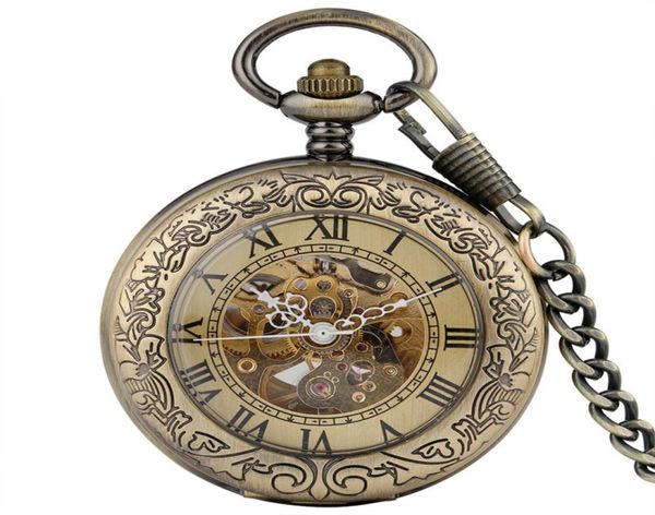 

bronze vintage pocket watch roman numerals skeleton automatic mechanical watches men women selfwinding clock fob pendant chain1470918, Slivery;golden