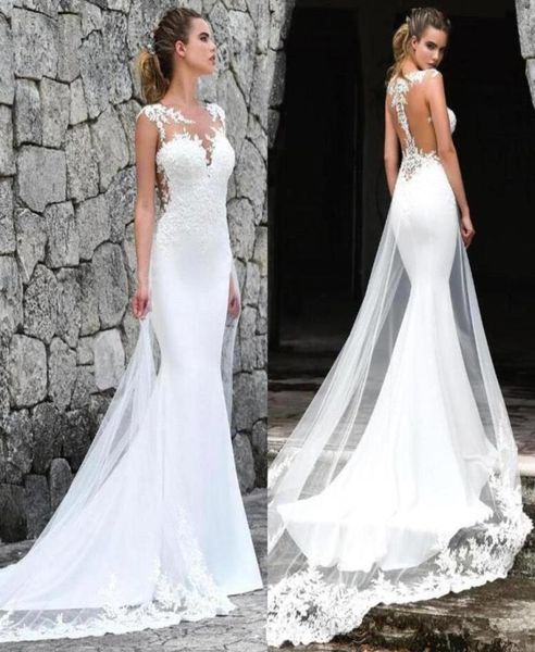 

2020 new beach lace bohemian mermaid wedding dress tulle illusion see through sleeveless backless bridal gowns vestidos de no8560261, White