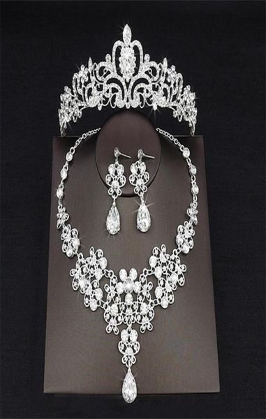 

2018 drop rhinestone wedding jewelry set necklace crown tiaras crown earrings headwear beading three piece party bridal acce8238923, White