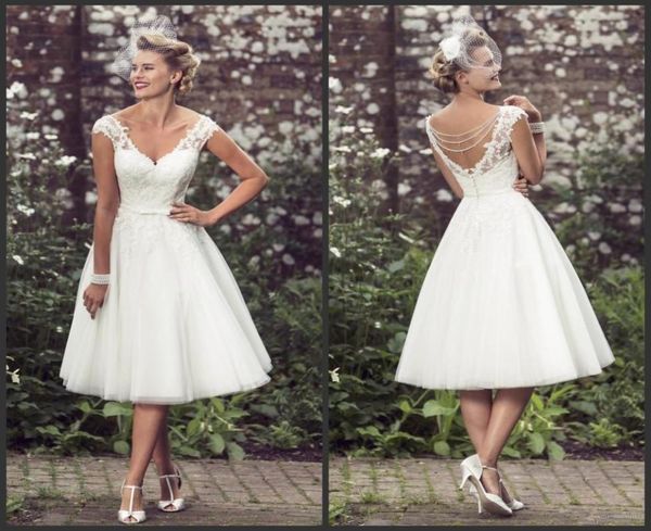

vintage 50039s style short lace wedding dresses v neck lace applique tea length beaded bridal wedding gowns with buttons vestid5704135, White