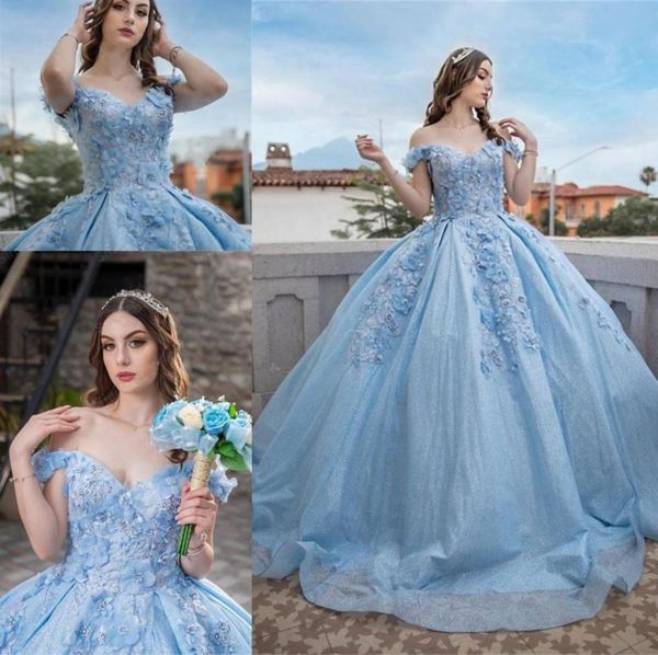 

2023 glitter tulle quinceanera dresses floral 3d flowersapplique crystal beads off the shoulder corset back sweet 16 dress graduat1640540, Blue;red