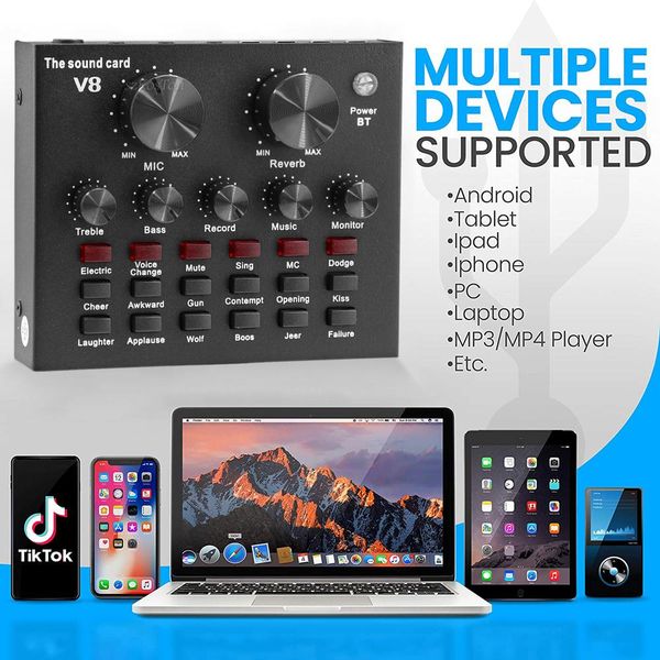 

parkas professional recording mixer v8 sound card with bluetooth audio interface mixing console studio phantom power for pc microphone, Black