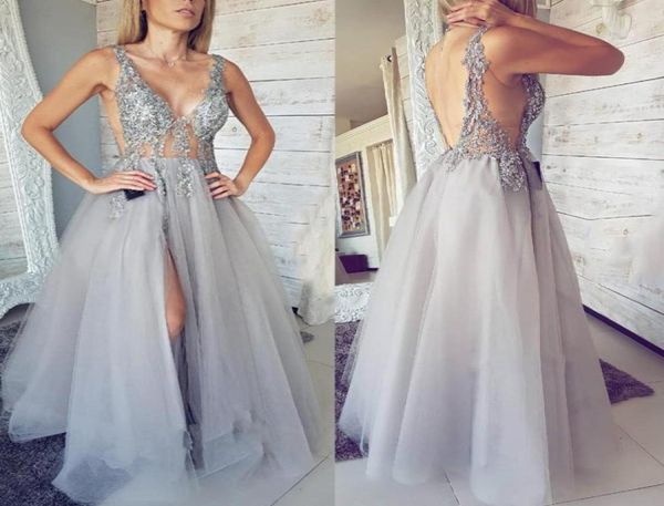 

amazing silver sequin beaded tulle middle east appliques beaded deep vneck long prom dresses side split robe de bal evening dress9402368, Black