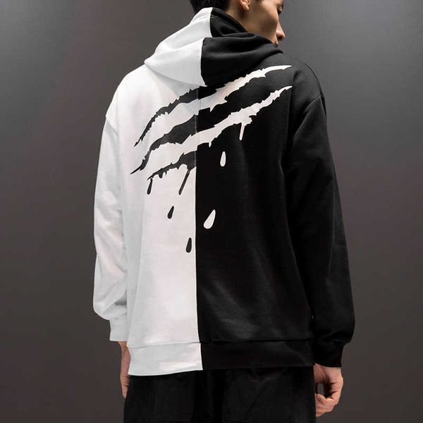 

men's casual fashion trend color matching sweater long sleeved sports hoodie clothing, Black
