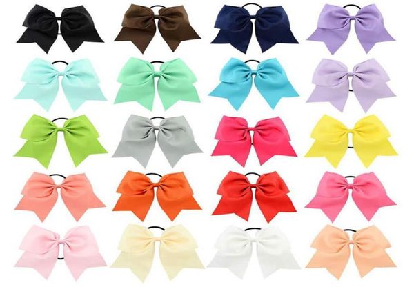 

8 inch large plain solid cheerleading ribbon bows grosgrain cheer bows tie kids elastic band girls rubber hair band hair accessori8426285, Slivery;white