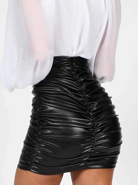 

vintage pu leather pleated skirts women bodycon folds pencil skirts mini ladies high waist black short skirts summer custom l230621