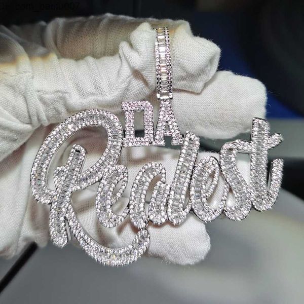 

pendant necklaces iced out hiphop baguette letter pendant necklace for men micro pave bling 5a cubic zirconia cuban rope chain punk rapper j, Silver