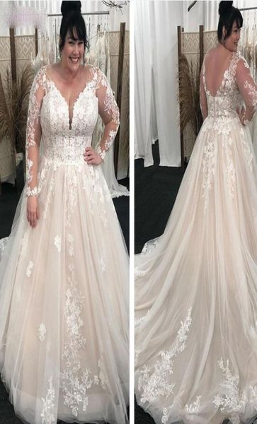 

2021 plus size vneck wedding dresses sheer full long sleeves lace appliques a line tulle australia dress bridal gowns formal robe7456273, White
