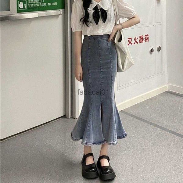 

spring and summer package hip fishtail skirt women's high waist cotton elastic skinny girl midlength front slit denim skirt l230621, Black