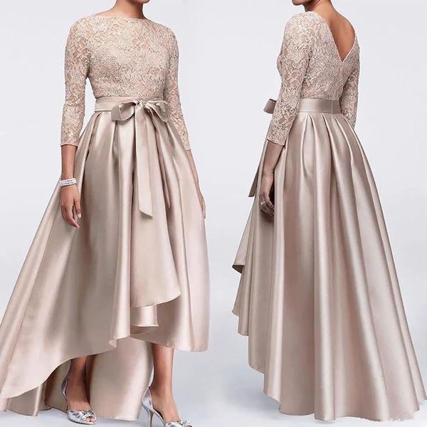 

champagne lace plus size mother of the bride dresses long sleeves satin high low sashes mother of groom gowns, Black;red