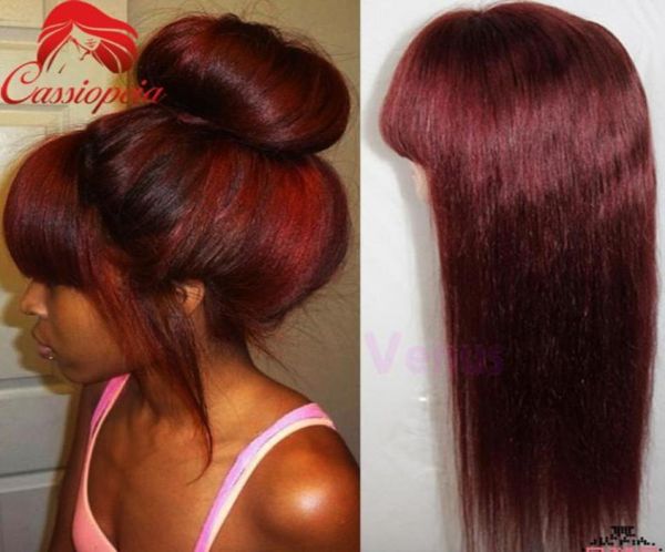 

red 99j silky straight full lace wigs with bangs glueless malaysian virgin human hair full lace front wigs straight for black wome4360076, Black;brown