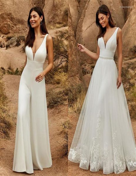 

wedding dress 2 in 1 jumpsuit with detachable skirt two pieces bridal dresses pants suit for women lace tulle vneck sweep train3383645, White