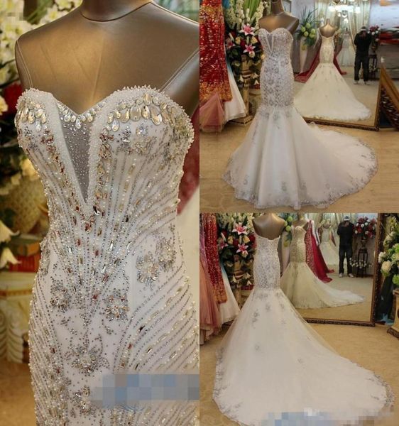 

real pos luxury crystal mermaid wedding dresses vintage beading mermaid trumpet dress with tulle train plus size bridal wedding9161043, White