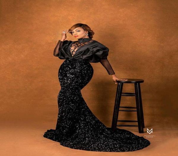 

2021 plus size arabic aso ebi black sequins sparkly mermaid prom dresses beaded sheer neck sequined formal evening party seco8991106