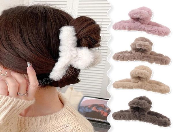 

winter plush hair claw elegant acrylic hairpins faux fur hair clip barrette crab headwear for women girls hair accessories7558838, Slivery;white