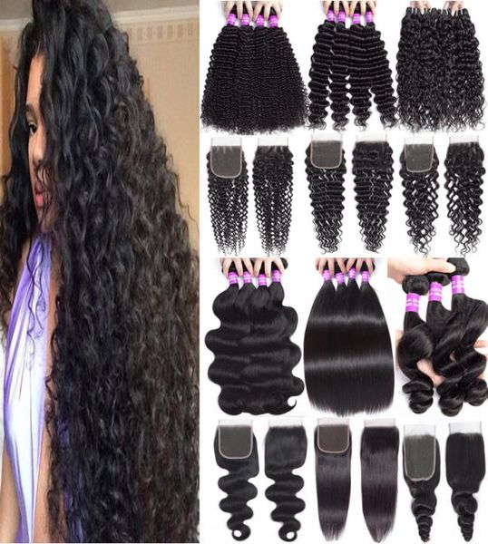 

brazilian virgin hair bundles with closure deep wave human hair weaves with lace closure unprocessed malaysian peruvian hair exten4190041, Black