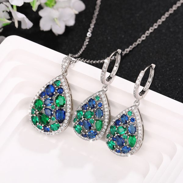 

wedding jewelry sets fashion korean bridal exquisite emerald green water drop zircon earring and necklace set accessories for women 230627, Slivery;golden