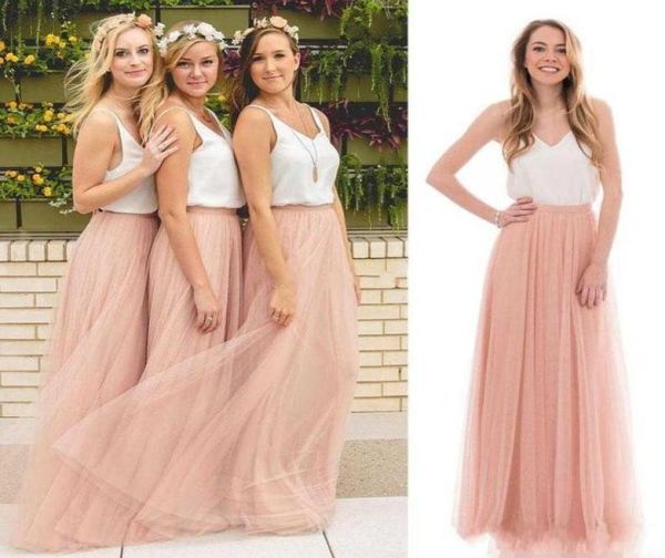 

2021 country summer boho bridesmaids dresses beach sleeveless vneck blush tulle skirt long maid of the honor dresses4115948, White;pink