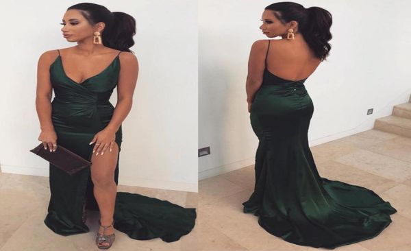 

new straps spaghetti hunter green mermaid prom dresses 2019 long backless side split evening dress long bridesmaid dres4823815, Black