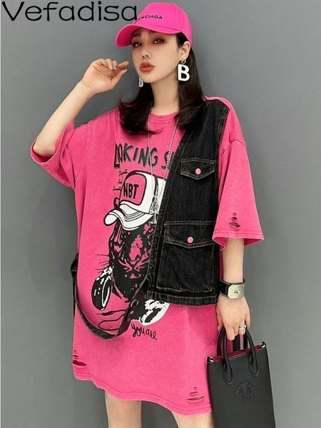 

basic casual dresses vefadisa 2023 summer woment shirt dress fashion spliced print mid length skirt personalized pocket decor girl zy1212 23, Black;gray