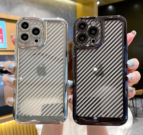 

luxury silicone carbon fiber texture plating transparent case for iphone 13 12 11 pro max xr x xs 7 8 plus se shockproof cover