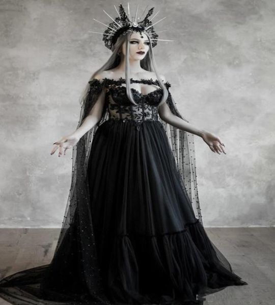 

black wedding dresses with wrap lace a line sweep train vintage gothic wedding dress with pearls cape custom made bohemia bridal g1409361, White
