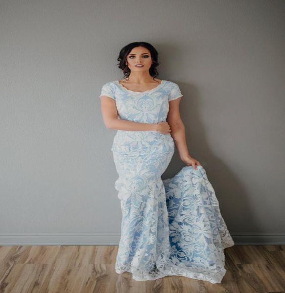 

ivory blue vintage lace sheath modest wedding dresses with cap sleeves jewel neck short sleeves lds bridal gowns with modest sleev8669057, White