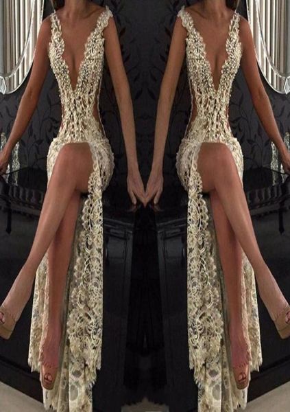 

lace deep v neck evening gowns sparkly beaded sheer backless mermaid prom dresses see through sweep train party vestidos custom ma4136020, Black