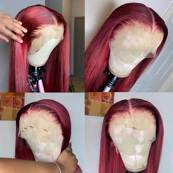 

26inch 150%density long silky straight part 99j wine red lace front wig for black women with baby hair heat, Black;brown