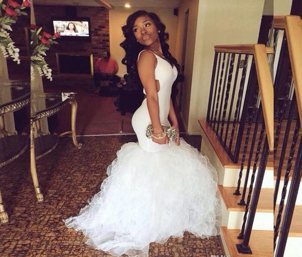 

custom made new african white organza mermaid style prom dresses deep v neck ruffles sweep train long evening gowns5059300, Black