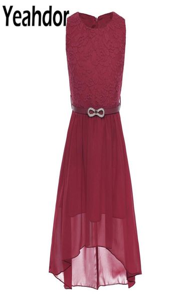 

kids girls chiffon lace floral sleeveless length flower girl dress princess wedding birthday party dress with belt vestidos8074396, Red;yellow