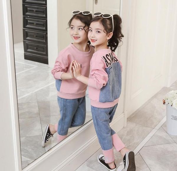 

girls sports suits fashion denim stitching clothing set for teenage girl spring autumn tracksuit kids clothes letter sportswear14273811, White