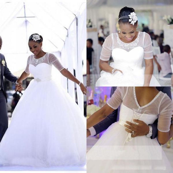 

2023 simple a line wedding dresses jewel neck illusion lace appliques beads tulle corset back floor length plus size formal bridal gowns hal, White