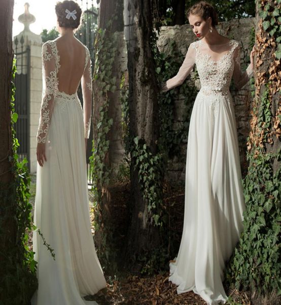 

illusion long sleeve beach lace wedding dress vintage sheath chiffon open back floor length empire garden bridal gowns8582875, White