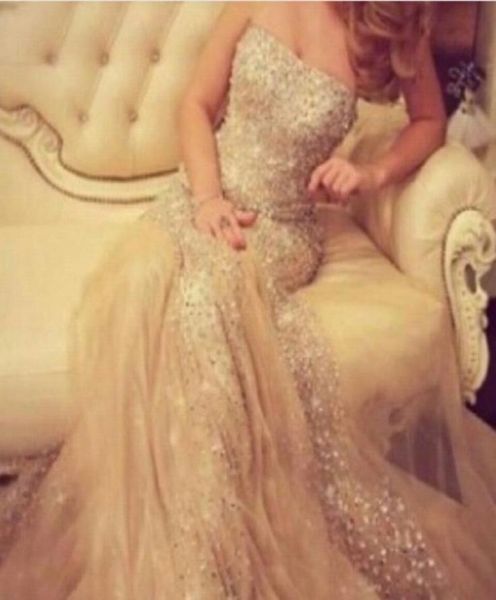 

champagne prom dresses 2016 mermaid strapless blingbling beaded and sequined tulle evening dresses robe de soiree4735486, Black;red