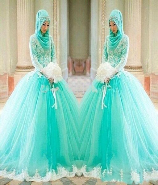 

charming mint green colorful muslim wedding dresses 2019 high neck white applique lace white sweep train long sleeves bridal9552616