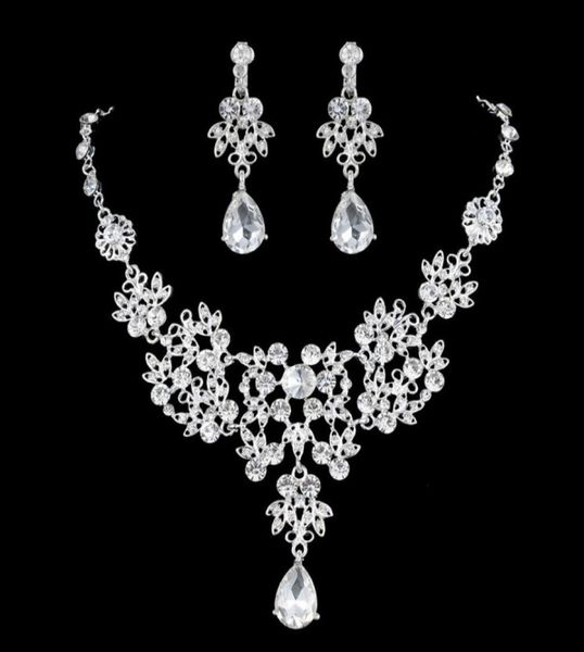 

luxury flower rhinestones bridal jewelry sets 4 colors crystals wedding necklaces and earrings for bride prom evening party access8411648, White