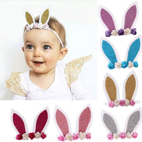 

baby headbands for girls rabbit ear headbands cute baby easter day bunny ears hairbands handmade 3d flower girls tiara infant hair3251707, Slivery;white