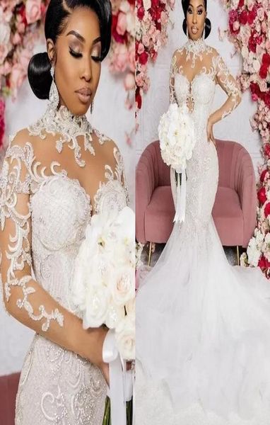 

luxury wedding dress beads crystals appliques illusion long sleeves bridal dress high neck formal aso ebi vestido de noiva2751487, White