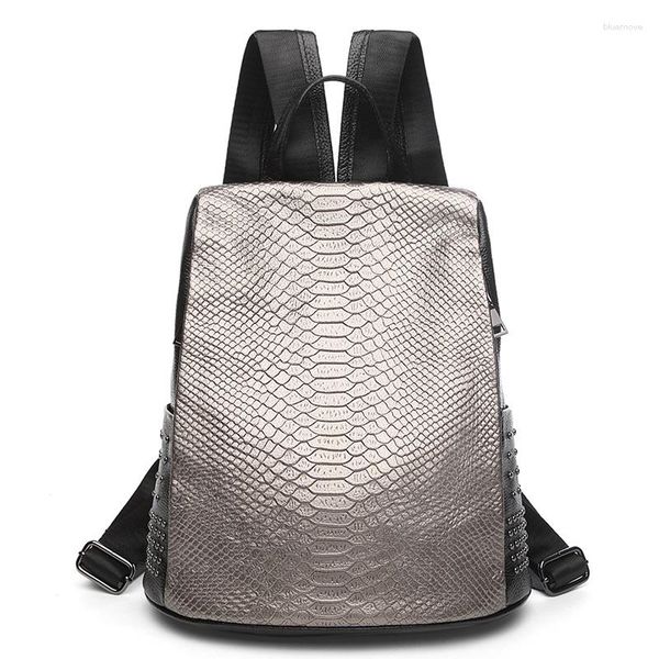 

backpack style silver black women genuine leather crocodile pattern ladies bagpack big school book bag travel anti-theft