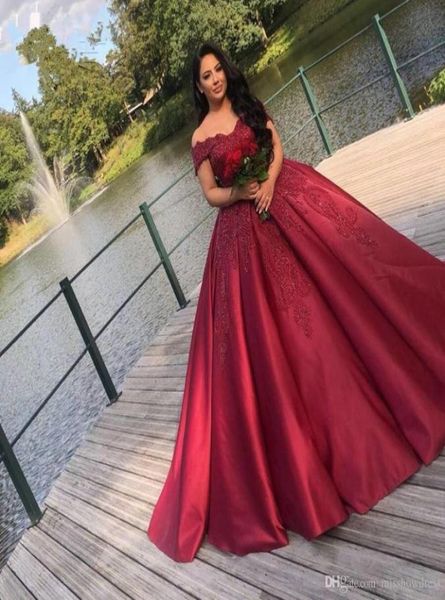 

dark red off shoulder lace ball gown quinceanera dresses arabic satin applique ruched sweep train prom evening gowns robes de mari4098025, Blue;red