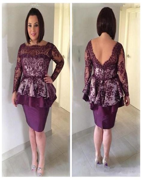 

grape lace sheath mother dresses low back long sleeves short mother of the bride gowns knee length women formal party cocktail dre3742890, Black;red