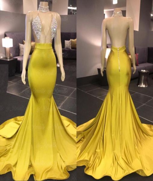 

yellow gold prom dresses v neck sleeveless mermaid halter open back sweep train formal african evening dress9489831, Black