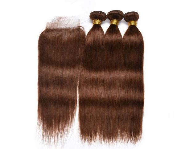 

4 brown human hair weft with lace closure silky straight human hair weaves with lace closure brown hair extension 4pcslot3765353, Black;brown