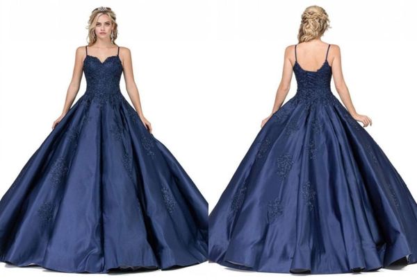 

simple navy blue ball gown quinceanera prom dresses with spaghetti straps satin open back lace evening party sweet 16 dress2313519, Blue;red