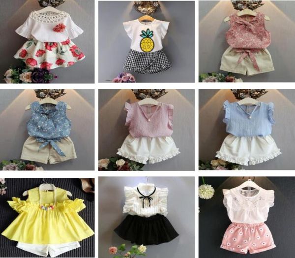 

whole 10 styles kids designer clothes girls chiffon cotton tshirt shorts pants skirts 2pcs set baby girl designer clothe7635606, White